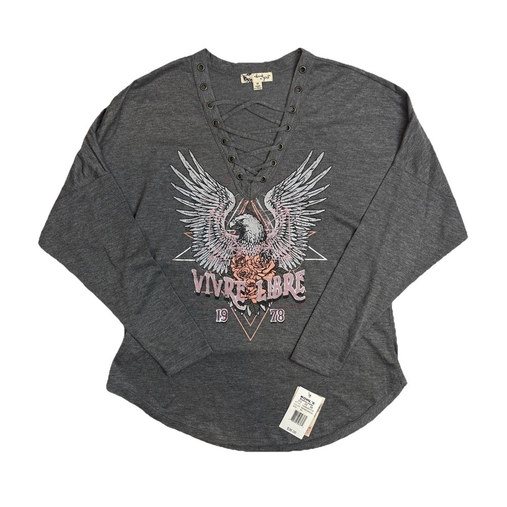 About A Girl Vibre Libre 3/4 Sleeve Grey Shirt Womens Size XS